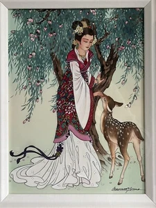 Caroline Young Framed Signed Chinese Girl Deer Watercolor Original Asian Woman - Picture 1 of 11