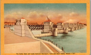 Rolldamm und Schleusen, Davenport IA - Rock Island IL Vintage 1950 Postkarte PBA - Bild 1 von 2
