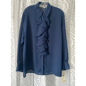 Vintage KRIZIA Navy Ruffle Front Blouse Size 12 100% Polyester Styled In Italy - Picture 1 of 7