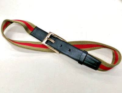 GUCCI Sherry Line Cinturón Cuero Hebilla Dorada Lona Caqui Rojo 90/36 Foto 1 de 4