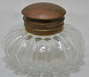 Vintage Glass Round Melon Shaped Ink Bottle Original Old Hand Crafted Brass Cap - Picture 1 of 8