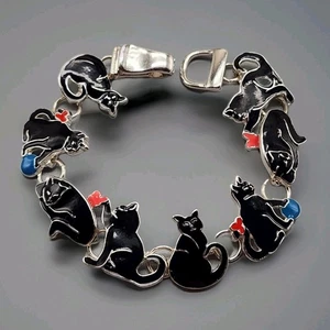 Black Cats Link Bracelet Magnetic Clasp Silver Tone Butterfly 7" Halloween CUTE! - Picture 1 of 11