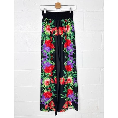 Vintage Y2K Arden B Wide Leg Pants Women Size Small Black Floral Tropical Print - Image 1 of 4