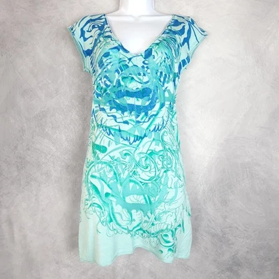 Ed Hardy Dress Womens Medium Aqua Tiger Tattoo Graphic V Neck Mini Sweater Tunic - image 1 of 4