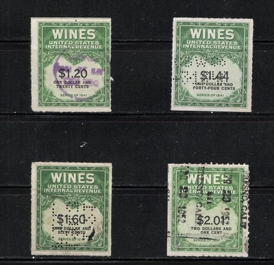 USA Scott's #RE146, #RE147, #RE149, #RE199 Wine Stamps, 1942-54, Cat$20, 4 Views - Image 1 of 4