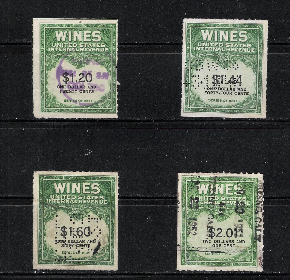 USA Scott's #RE146, #RE147, #RE149, #RE199 Wine Stamps, 1942-54, Cat$20, 4 Views - Image 1 of 4