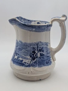 Peruvian Horse Hunt 1853 Transferwear Staffordshire Pitcher Blue 5" Tall Antique - Picture 1 of 13