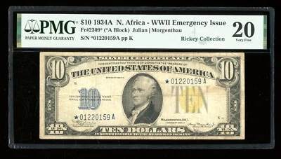DBR 1934-A $10 North Africa Silver STAR Fr. 2309* PMG VF-20 Serial *01220159A - Image 1 of 2