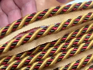 Tapicería 3/4" cordón trenzado ribete con labio rayón 1yd Italia oro rojo musgo - Imagen 1 de 4