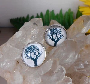 Ohr Stecker 14 mm Cabochon Glas Baum Uhr Motivwahl schwarz weiss - Bild 1 von 20