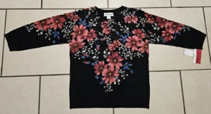 Cathy Daniels Black Floral Print Jeweled Soft Lightweight Sweater Size Large L - Picture 1 of 8