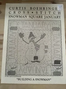 Curtis Boehringer Cross Stitch Pattern Snowman Square January Building A Snowman - Picture 1 of 2