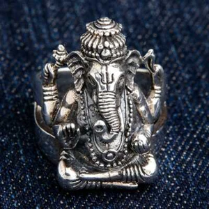 HINDU LORD GANESH AMULET 925 STERLING SILVER RING NEW ELEPHANT INDIA BIKER MENS - Picture 1 of 7