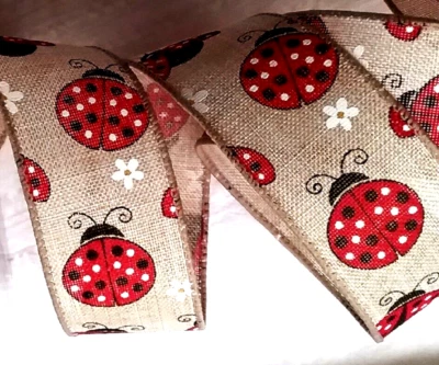Red Lady Bugs 1.5" by 3 yards Natural Linen Wired Ribbon White Flower Wreath Bow - Image 1 of 4