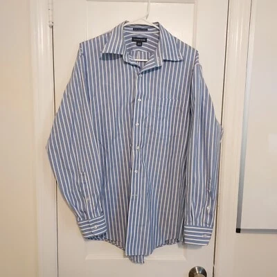 Lands End Blue and White Striped Button Down 16.5 *Has thread pull on pocket - Image 1 of 4