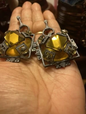 Pendientes All Saints peltre plata industrial art deco vidrio ámbar, declaración Foto 1 de 4