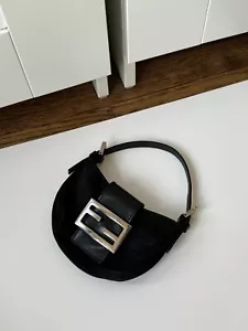 VINTAGE Fendi Black Nylon FF Mini Crescent Purse Handbag Authentic - Picture 1 of 8