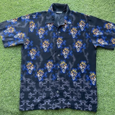 Vintage Y2K ODO Blue Flaming Skulls Button Up Shirt Goth Bowling Camp AOP Size S - Image 1 of 4