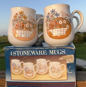 VTG Stoneware Speckled Floral Mugs Set Of 4 Coffee Tea Mugs Cups 1970s - Picture 1 of 11