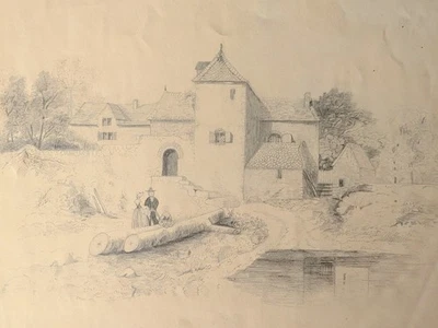 Lápiz grafito dibujo paisaje escuela británica mediados del siglo XIX artista victoriano Foto 1 de 4