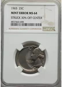 1965 WASHINGTON QUARTER DOLLAR 25C STRUCK 30% OFF CENTER AT K-3:00, NGC MS64 - Picture 1 of 2