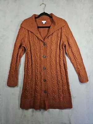 J. Jill Duster Cardigan Rust Ornge Cable Knit Collared Buttons Long Sleeve Sz PL - Imagem 1 de 4