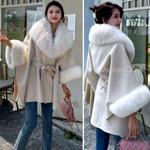 Women Poncho Coat Wool Shawl with Real Fox Fur Collar Trim Cape with Belt - Picture 1 of 12