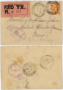 WW1 AUSTRALIAN IMPERIAL FORCE 1917 REGISTERED FPO TX PMKS RW3 APO AMIENS STATION - Picture 1 of 3