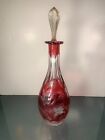 Bohemian Cranberry Crystal Decanter Cut to Clear Grape Motif 9.25"
