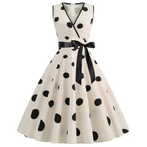 Sleeveless Rockabilly Floral Polka Dots Vintag Women's 1950s Bowknot Retro Dress - Picture 1 of 12