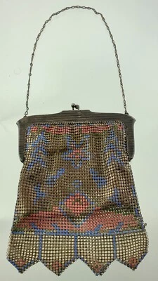 Antiguo monedero de malla esmaltada Art Deco monedero de metal cadena correo azul y rosa II256 Foto 1 de 4