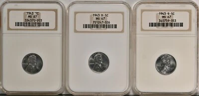 1943 P D S Lincoln Steel War Cents Coin PCGS MS67 Graded 2711 2714 2717 SET OF 3 - Image 1 of 4