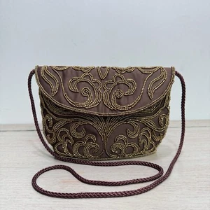 Vintage Geldbörse Perlen Satin Abendtasche Elegant Formell Handtasche Braun Crossbody - Bild 1 von 13
