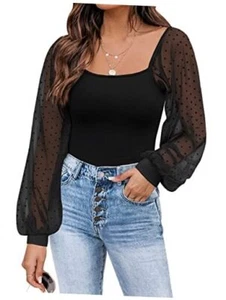 Womens Mesh Long Sleeve Shirts Casual Blouses Tops X-Large A-black - Picture 1 of 6