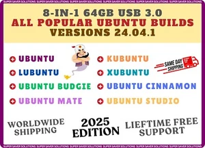 8-IN-1 UBUNTU LINUX USB 24.04.1 LTS MULTI-BOOT 64bit LIVE OS 64GB USB Drive - Picture 1 of 10