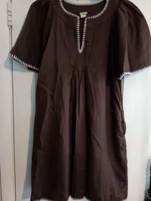 Vestido Magaschoni para mujer S 100 % lino punto amapola manga aleteada Finley marrón Foto 1 de 4