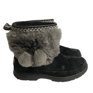 UGG Brie Sheepskin Suede Ankle Boots Black Women's size 8 Pom Poms #1012999 - Picture 1 of 12