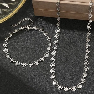 Adjustable Stainless Steel Heart Link Chain Double Layer Necklace and Bracelet - Picture 1 of 17