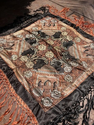 Винтажный 1940-х вышитый шелк Тадж-Махал сувенир фортепиано кисточки шарф ар-деко 33» - Изображение 1 из 4