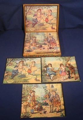 Vtg Antique 1920's German Wood Block Puzzle 6 Images in Orig. Hinged Wood Box - Image 1 of 4