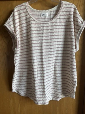 Top de punto 24/7 para mujer color rosa marfil rayas mangas XL USADO EN EXCELENTE ESTADO 27" largo Foto 1 de 4