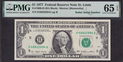 $1 1977 St. Louis Federal Reserve Radar Note H48822884A Fr.1909-H - PMG MS65 EPQ - Image 1 of 2