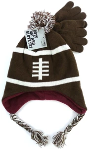 Boys Hat and Gloves Set Fleece Lined fits ages 4 through 7 Brown Beanie Football - Picture 1 of 2