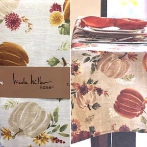 Nicole Miller Pumpkin Sunflowers Tablecloth 70 R Gold Shimmer Floral Fall Leaves - Picture 1 of 11
