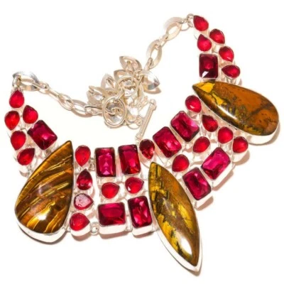 Collar Cabujón Ojo de Tigre, Piedras Preciosas Corte Turmalina Rosa Hecho a Mano Foto 1 de 4