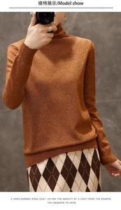 Women Shiny Shimmer Turtleneck Sweater Caramel Color Size S - Picture 1 of 10