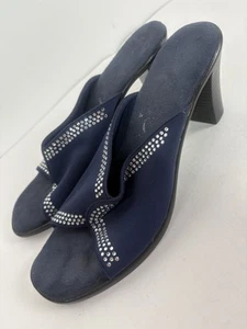 Onex Blue Fabric W-Rhinestones 3in Block Heel Slides Womens Size 9 - Picture 1 of 7