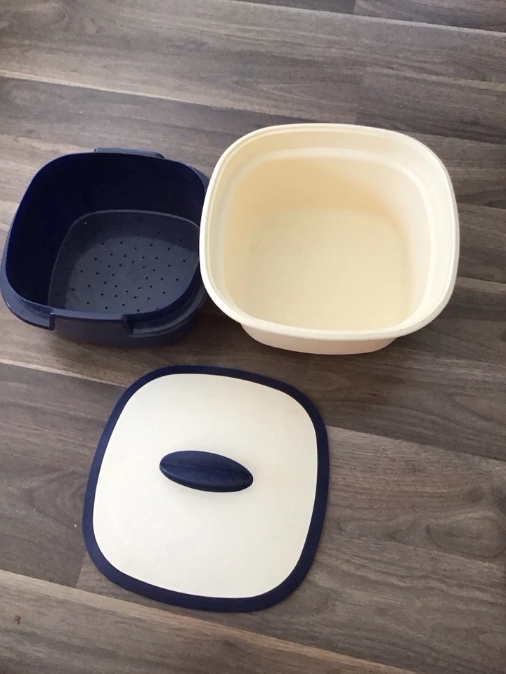 Tupperware Siebservierer Set Behälter & Sieb Thermoduo  beige/blau 3 liter - Bild 1 von 1