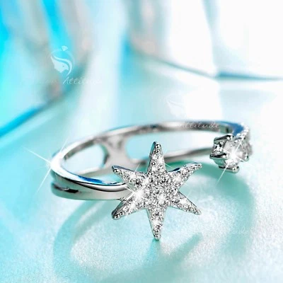 18K White Gold Star hexagon band Simulated Diamond Ring open free size fashion Foto 1 de 3