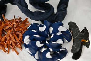 HighEnd Hair Tie Lot2:Lthr, Chif Scrunchie; Suede tie/headband; Grey Banana Clip - Picture 1 of 6